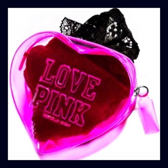 Victoria's Secret PINK Heart Pouch With Black V-String Thong Panties
